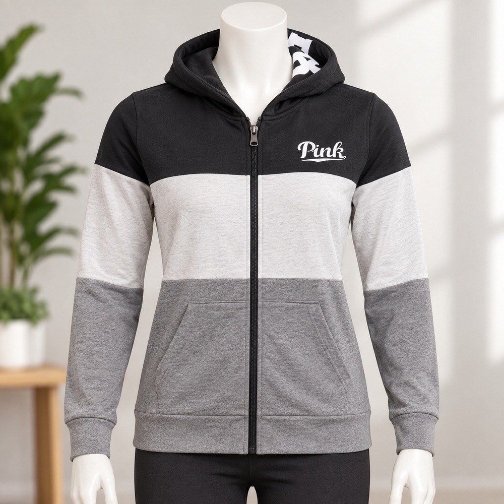 Pink Victoria's Secret Full Zip Hoodie Women Large Black Grey Colorblock Logo